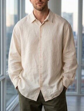 Murano 100% Linen Button Down Shirt Men’s 4XB Big Tall Beige Long Sleeve